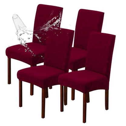 Waterproof Dining Room Chair Covers, Stretch Parsons Chair Slipcovers - color: Flower Pattern-wine Red, size: Large-4 Pack