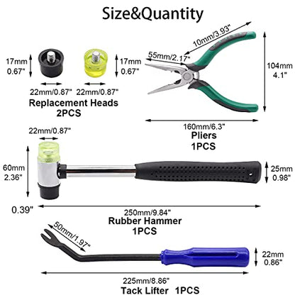 5PCS Upholstery Tools Kit - Dual Head Soft Rubber Mallet Hammer with 2PCS Replacement Head, Nail Tack Remover Tool & Removal Pliers for Furniture Floor Jewelry Craft Project etc