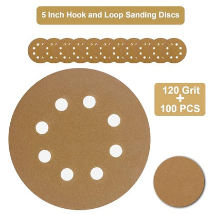 5-Inch Orbital Sander Discs, 8-Hole Pattern, 100-Pack, Hook and Loop Sandpaper for DA Sanders, Paint and Wood Finishing (120 Grit-100 PCS) - style: 120 Grit-100 PCS