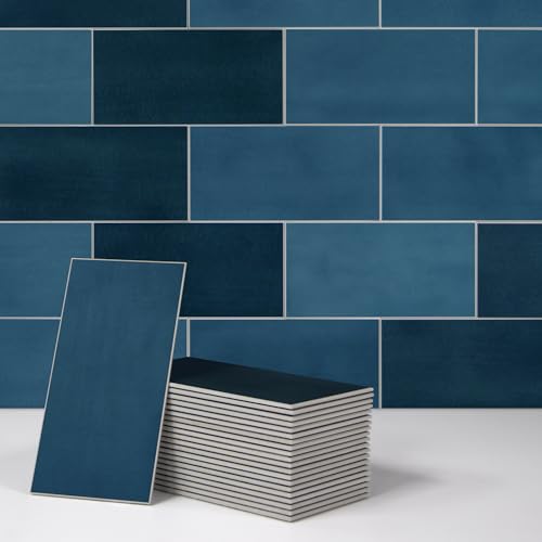 100-Sheet Subway Peel and Stick Backsplash Tile, 6" x 3" Blue Mixed Stone Composite Handmade Looks Self Adhesive Waterproof Wall Tile, Stick on Tiles for Kitchen Bathroom - color: Blue Mixed, size: Subway