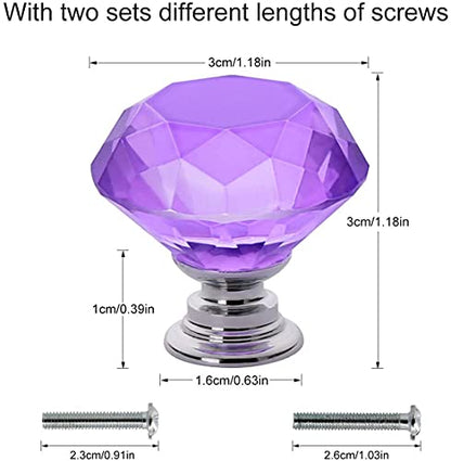 Akstore 6 Pcs Crystal Glass Cabinet Knobs 30mm Diamond Shape Drawer Kitchen Cabinets Dresser Cupboard Wardrobe Pulls Handles (30mm, Purple) - color: Purple, size: 30 mm