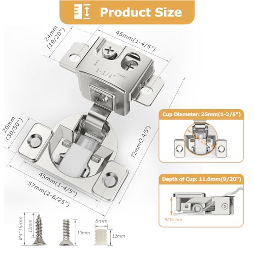 Furniware 30 Pieces 1-1/4 in Overlay Soft Close Concealed Hinge, 105 Degree - color: 30 Pieces, size: 1-1/4"