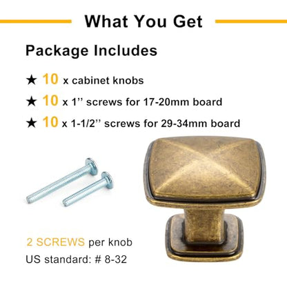 Antique Brass Cabinet Knobs Square Cabinet Pulls 10 Pack 1990 - color: Antique Brass, size: 1-1/4 Inches, style: 10 Pack Square Knob