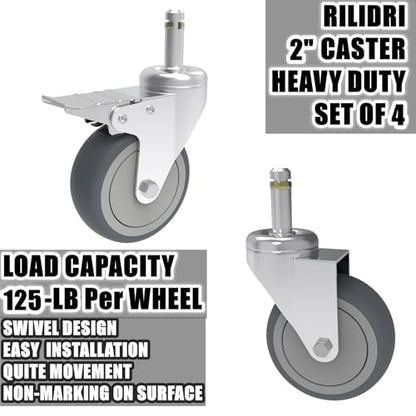 RILIDRI 2-Inch Swivel Stem Caster, 7/16-Inch Stem Diameter Rubber Wheel, Thermoplastic Rubber TPR Replacement Wheels - 4 Pack(2 Brakes 2 Swivel) - size: 2 Inch-125LB(2 Dual Brakes)