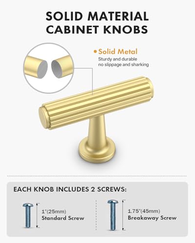 Brushed Gold Cabinet Knobs Drawer Pulls 10 Pack - color: Matte Gold, size: T-Knob