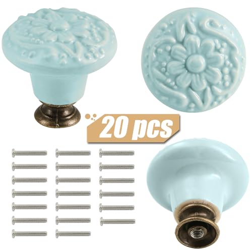 Ceramic Knobs, Embossed Floral Design - Light Blue, 20pcs - color: Light Blue