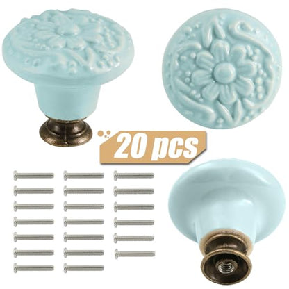 Ceramic Knobs, Embossed Floral Design - Light Blue, 20pcs - color: Light Blue