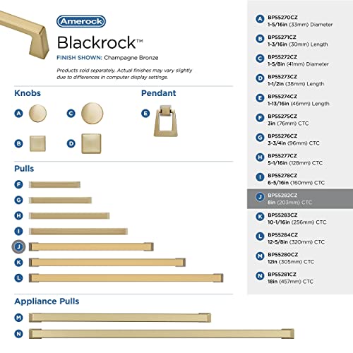 Amerock 8" Blackrock Champagne Bronze Drawer Pull - color: Champagne Bronze, size: 8 Inch (203 mm) Center-to-Center