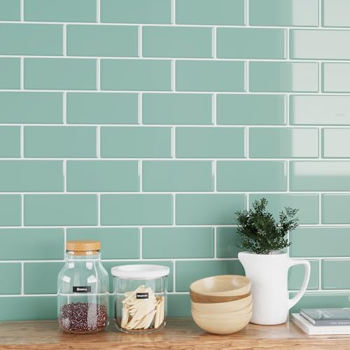 VEELIKE Aqua Green Subway Peel and Stick Backsplash Tile 24 Sheets Back Splashes for Kitchens Peel and Stick Green Wall Tiles 12''x12'' Waterproof Adhesive Backsplash Tiles for Bathroom Laundry Room - size: Box of 24 Tiles