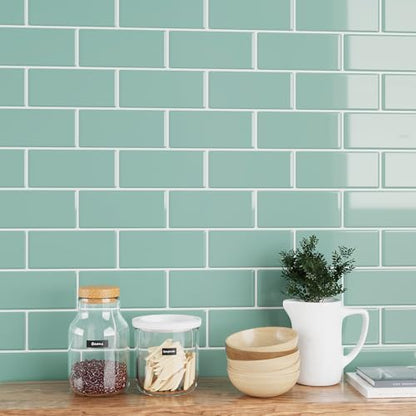 VEELIKE Aqua Green Subway Peel and Stick Backsplash Tile 24 Sheets Back Splashes for Kitchens Peel and Stick Green Wall Tiles 12''x12'' Waterproof Adhesive Backsplash Tiles for Bathroom Laundry Room - size: Box of 24 Tiles
