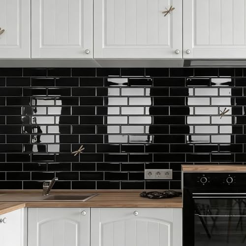 Art3d Subway Design Wall Tile, Peel and Stick Backsplash, 10-Pack, Black - color: Black