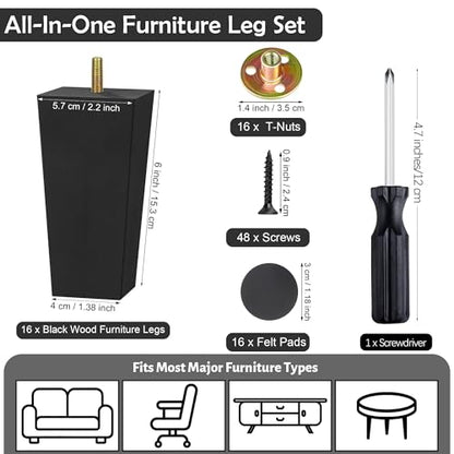TURSTIN 16 PCS 6 Inch Wood Furniture Legs, Couch Legs Replacement, Black - color: Black, size: 6 Inch