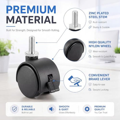 BBTO 8 Pcs 1 Inch M6 Swivel Stem Casters Wheels Replacement, M6 Threaded Stem Caster with Brake, Heavy Duty 360° Standing Desk Wheels, No Noise, Black Nylon, for Cart Furniture Table Cabinet Shelf - size: 1 Inch X M6 x 15 mm, style: Threaded, with Brake