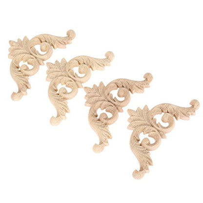 4Pcs Wood Carved Appliques Corner Wooden Carving Onlays Decals for Furniture - size: 3.15 x 3.15 inches