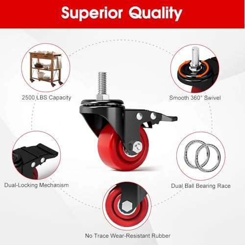 Caster Wheels, Threaded Stem Casters Set of 4 Heavy Duty,1/2"-16 x 1(Stem Diameter 1/2", Length 1"), Dual Locking Caster, Industrial Castor Wheels for Furniture,Carts - color: Black-Red