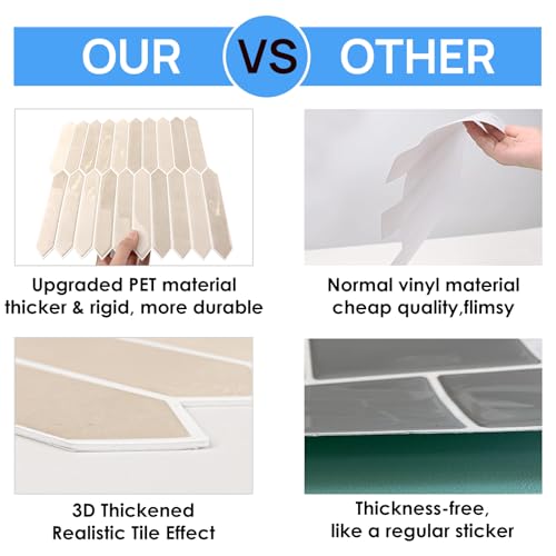 10-Sheet Peel and Stick Backsplash Tile, Self-Adhesive Beige Long Hexagon Wall Tiles, Stick on Backsplash for Kitchen, Bathroom, Fireplace, RV, Thicker Design(12"×12"). - color: Beige