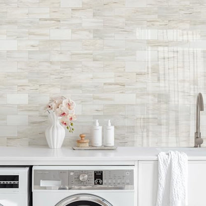 Vamos Tile 100-Piece Glossy Wooden Marble Grain Peel and Stick Backsplash Tile,3''x6'' PVC Subway Tile with White Grout, Stick on Backsplash for Kitchen/Bathroom/Fireplace - color: Wooden Marble Grain