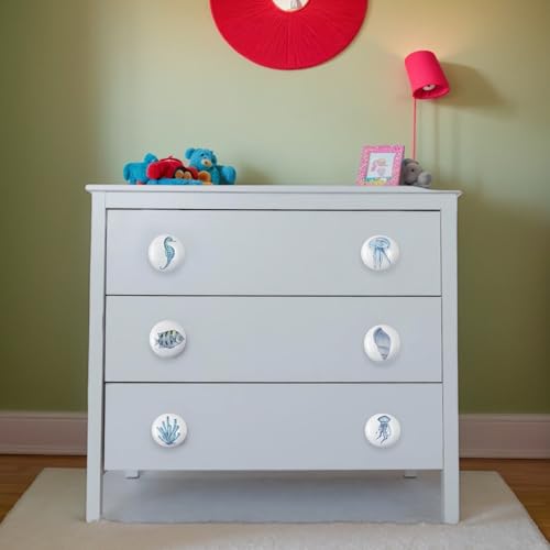 Set of 6 Ceramic Unique Fun Fish Coastal Beach Themed Cabinet Dresser Knobs Drawer Pulls Octopus Door Handle 1.5 X 1.5 Inches - size: coral