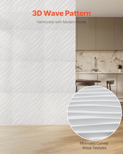 VEVOR 3D Wall Panels, 12-Pack 19.7 x 19.7 in PVC Modern Art Minimalist Wave Tiles, 32 Sq.Ft Coverage Accent Wall Panel, Interior Home Decor for Bedroom, Living & Gaming Room, Matte White