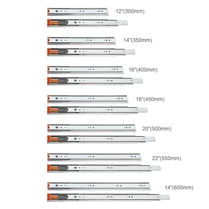 Full Extension Ball Bearing Drawer Runners 350 mm with Automatic Soft Closing Mechanism Side Mounted Buffering Cushioning Drawer Slide Load Capacity 35 kg (1 Set)