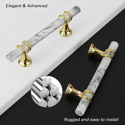 Rergy 10 Pack Cabinet Handles, White Marble & Polished Gold Pulls, 3" - color: White Marble & Gold, size: 3 inch (76mm) Hole Center