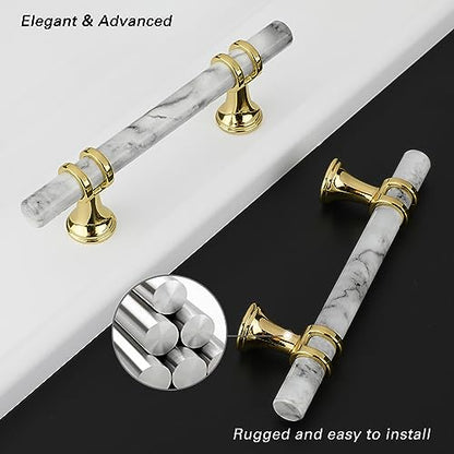Rergy 10 Pack Cabinet Handles, White Marble & Polished Gold Pulls, 3" - color: White Marble & Gold, size: 3 inch (76mm) Hole Center