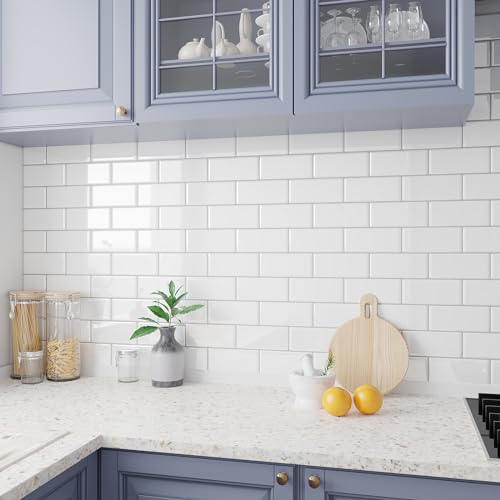 VEELIKE Peel and Stick Backsplash Tiles 12x12 Inch White Subway Tile Wall Stickers for Kitchen Waterproof Self Adhesive Vinyl Tiles for Bathroom Backsplash Stick on Back Splash for Stove 6 Sheets - size: Box of 6 Tiles