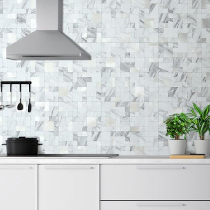 DICOFUN 1 Sheet White Marble Look Peel and Stick Tile Backsplash, Mixed Metal Silver Chips Kitchen and Bathroom Tiles, Stick on Backsplash for Stove - color: White Marble and Metal Silver, size: 1 Sheet, 12"x12"x0.12"
