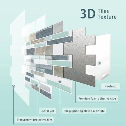 Arttown Peel and Stick 3D Wall Backsplash, 10-Sheet, 12" × 12" Blue Gray - color: Blue/Gray, size: 10PC 12"x12"