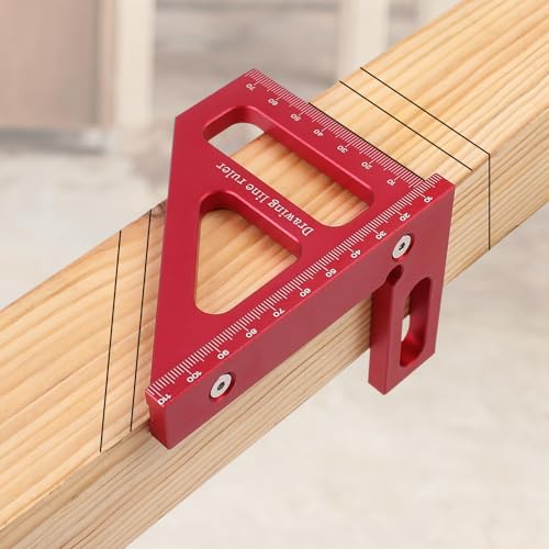 3D Multi-Angle Measuring Ruler,45/90 Degree Aluminum Alloy Woodworking Square Protractor,Drawing Line Ruler, Miter Triangle Ruler High Precision Layout Measuring Tool for Engineer Carpenter,R - color: Red (Metric)