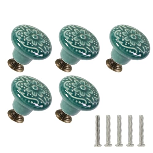 Ceramic Cabinet Knobs, Embossed Floral Design - Green, 20pcs - color: Green