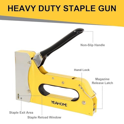 YEAHOME T50 Heavy Duty Staple Gun Kit, Upholstery Staple Gun with 6000 T50 Staples of 1/4, 3/8, 1/2 Inch, Manual Stapler Gun for Wood, Crafts, Wall, DIY & Professional Use - style: Yellow, T50 Staple Gun, with 6000 Staples