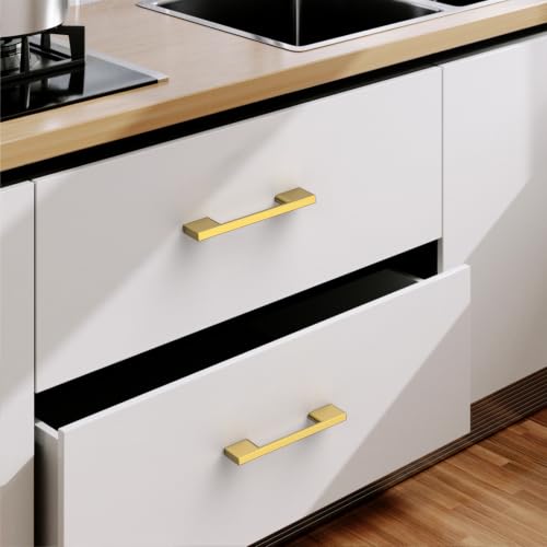 9BUILD 10 Pack Vibrant Brushed Moderne Brass Cabinet Pulls 3 Inch Cabinet Handles Kitchen Hardware Handles for Cabinets Dresser Pulls - color: Vibrant Brushed Moderne Brass, size: 3"/76MM Hole Center, style: 10 Pack