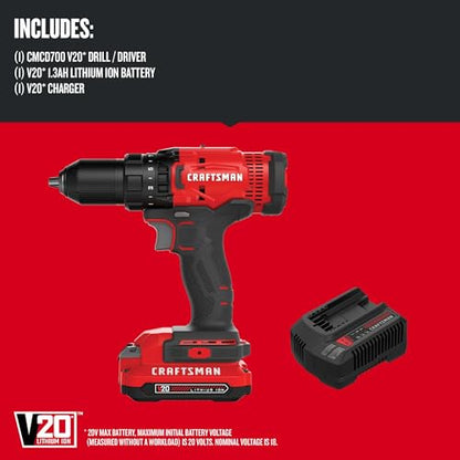 CRAFTSMAN V20 Cordless Drill/Driver Kit, 1/2 inch, Battery and Charger Included (CMCD700C1) - style: 20V MAX Drill Kit