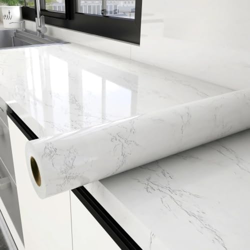 Glossy White Marble Contact Paper for Countertops Peel and Stick Wallpaper - color: White, size: 23.6" x 472"