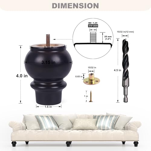 Solid Wood Furniture Legs 4 Inch Set of 4 - Heavy Duty - Brown - Sofa Legs Replacement, Table Legs for Coffee Table, Couch Riser, Cabinet Feet, Bed & Dresser Legs - Patas para Muebles/Mesa - color: Black Brown, size: 4 Inch