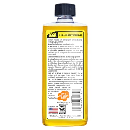 Goo Gone Original Liquid - 8 Ounce - Surface Safe Adhesive Remover Safely Removes Stickers Labels Decals Residue Tape Chewing Gum Grease Tar Crayon Glue (Pack of 3) - size: 8 Fl Oz (Pack of 3)