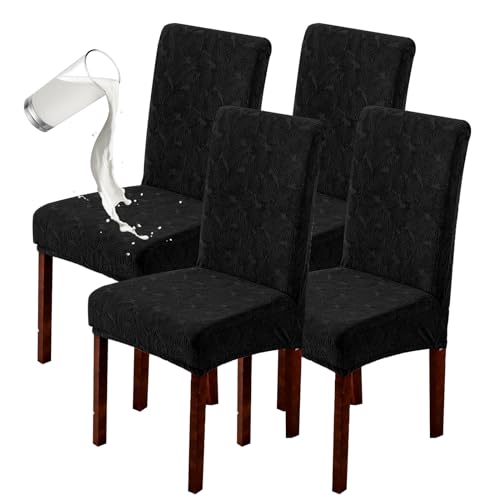 Waterproof Dining Room Chair Covers, Stretch Parsons Chair Slipcovers - color: Leaf Pattern-black, size: Regular-4 Pack