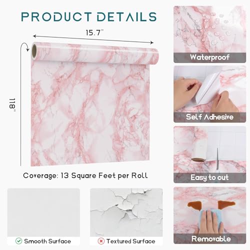 VEELIKE Pink Marble Contact Paper Wallpaper Stick and Peel 15.74 x118.11inches Self Adhesive Removable Waterproof Wall Covering for Table Countertop Cabinet Drawer - size: 15.7" x 118"