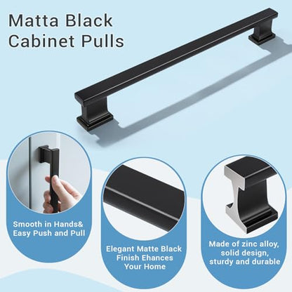 KNOBWELL 6 Pack Matte Black Solid Cabinet Pulls 7-9/16 Inch(192mm) Hole Center Kitchen Cabinet Handles,Cabinet Hardware for Cupboard Drawer Pulls - color: Matte Black, size: Hole Center：7-9/16 inch（192mm）
