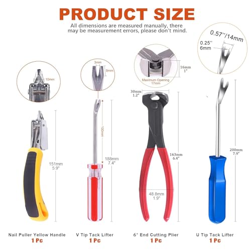4Pcs Upholstery Staple Remover Nail Puller Nail Remover Tool Set with End Cutting Pliers Tack Puller Staple Puller Tool for Carpet Furniture Wooden Photo Frame Floor,Zipper Package - color: B+k