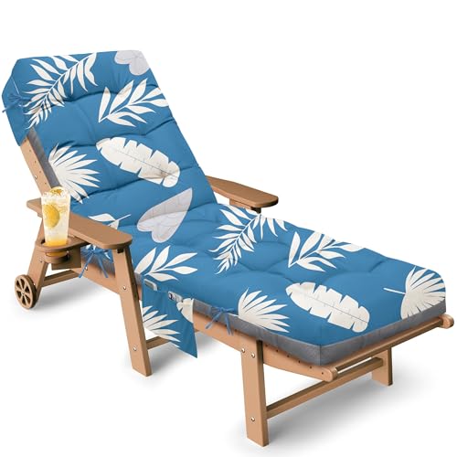 Outdoor Chaise Lounge Chair Cushion, 71 x 22 x 4.7 Inches Waterproof Chaise Lounge Cushions Replacement for Outdoor Furniture, Thickened Non-Slip Patio Lounge Chair Cushions, Blue Leaves - color: Blue Leaves