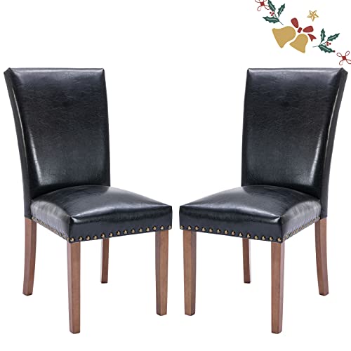 Parsons Dining Chairs Set of 2, Upholstered Nailhead PU Leather Dining Room Kitchen Side Chair with Thick Cushions and Wood Legs, Black - color: Black, size: set of 2
