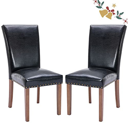 Parsons Dining Chairs Set of 2, Upholstered Nailhead PU Leather Dining Room Kitchen Side Chair with Thick Cushions and Wood Legs, Black - color: Black, size: set of 2