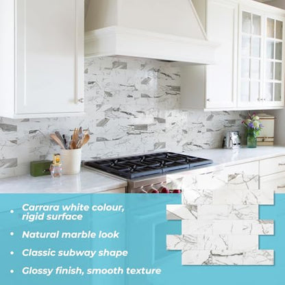 STICKGOO 10-Sheet Subway Tile Peel and Stick Backsplash, Seamless Design Glossy Carrara White Kitchen Backsplash Wall Tiles, Waterproof Stick on Tile for Bathroom, RV, Fireplace - color: Glossy Carrara White