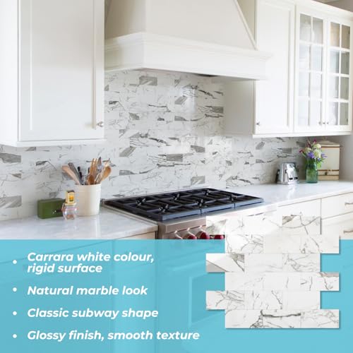 STICKGOO 10-Sheet Subway Tile Peel and Stick Backsplash, Seamless Design Glossy Carrara White Kitchen Backsplash Wall Tiles, Waterproof Stick on Tile for Bathroom, RV, Fireplace - color: Glossy Carrara White