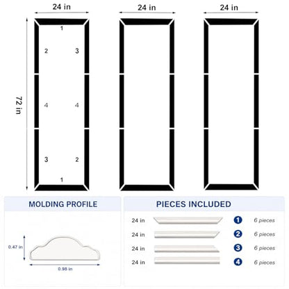 3 Set Peel and Stick Wall Molding Kit,Pre Cut Wainscoting Panels,24x72in - color: 24x72in