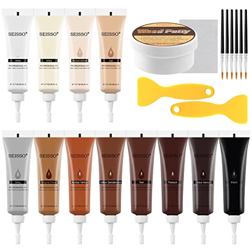 SEISSO Wood Furniture Repair Kit, 12 Colors Wood Repair fillers with Wood Putty. Used for Stains, Scratch, Wood Floors, Stains, Tables, Desks, and Cover Ups - size: 12 colors+ 1 putty
