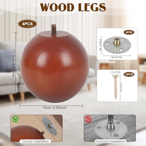 4 Inch Wooden Sofa Legs Set of 4 Walnut Wood Round Sofa Legs with Mounting Plate Screws Solid Wood Furniture Feet for Couch Bed Cabinet Bookcase Ottoman - color: Walnut