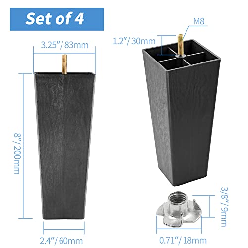 4pcs Plastic Square Legs 8" with T-Nuts, M8-1.25 Thread Bolt - size: 8 Inch, M8-1.25 Metric Thread Bolts